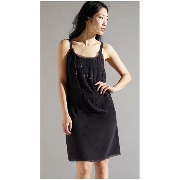 EILEEN FISHER Beaded Silk Crepe De Chine Cami Dress Size 10 Black NWT Formal - Picture 1 of 16